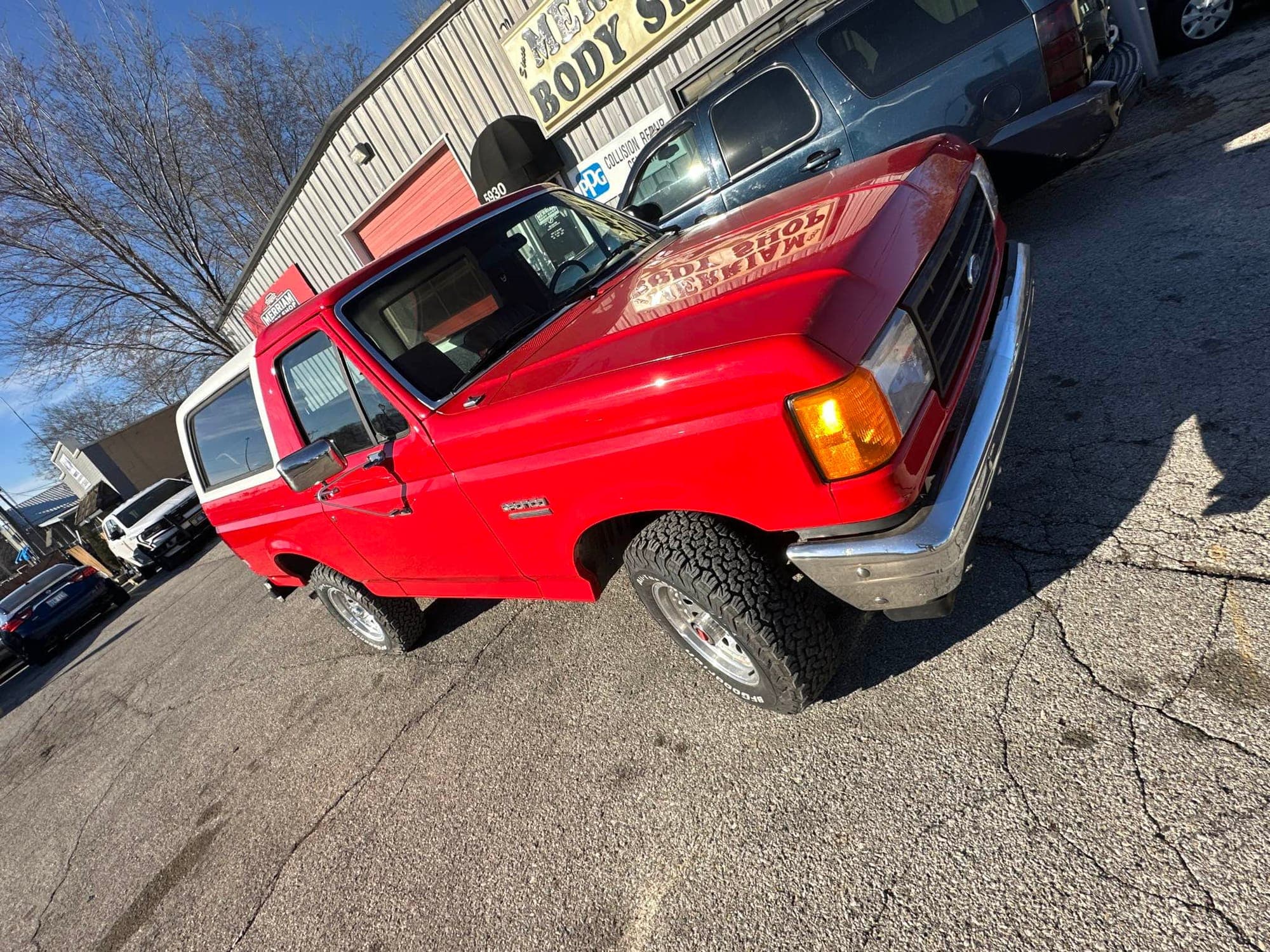 The finished Bronco parked outside the shop
